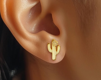 24k Gold Fill Cactus Earrings with Flower · Desert Style Jewelry · Dainty Cactus Studs · Western Summer Jewelry · Burning Man · 925 Silver