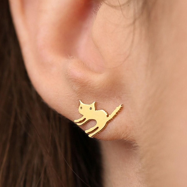 24k Gold Filled Cat Stud Earrings: Halloween Jewelry