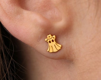 24k Gold Filled Yeehaw Ghost Earrings · Cowgirl Hat Studs · Spooky Fall Jewelry · Cute Halloween Earrings · Southwestern Western Style