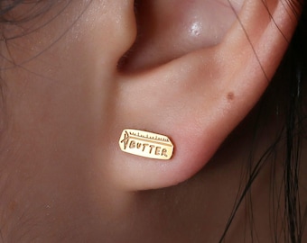 24k Gold Filled Stick O&#39; Butter Earrings | Dainty Novelty Earrings ·  Miniature Thanksgiving Food Jewelry · Fun Gift for Baker Chef · Pair