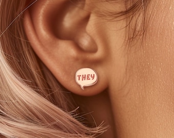 Rose Gold Pronoun Earrings · Dainty Gay Pride Jewelry · LGBTQ+ · Trendy Best Friend Gift • They/Them He/Him She/Her Studs • 925 Silver