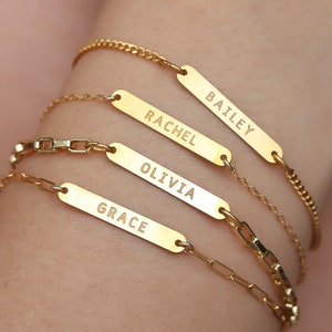 Custom Name Bar Bracelet • 14k Gold Filled & 925 Silver • Engraved Charm Bracelet • New Mom Gift for Her • Stackable Handmade Jewelry • b03
