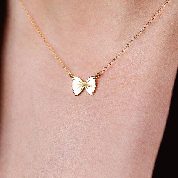 Collana di pasta papillon riempita in oro 24k · Delicato ciondolo di pasta farfalle · Regalo dello chef per la mamma · Divertenti gioielli autunnali · Argento 925