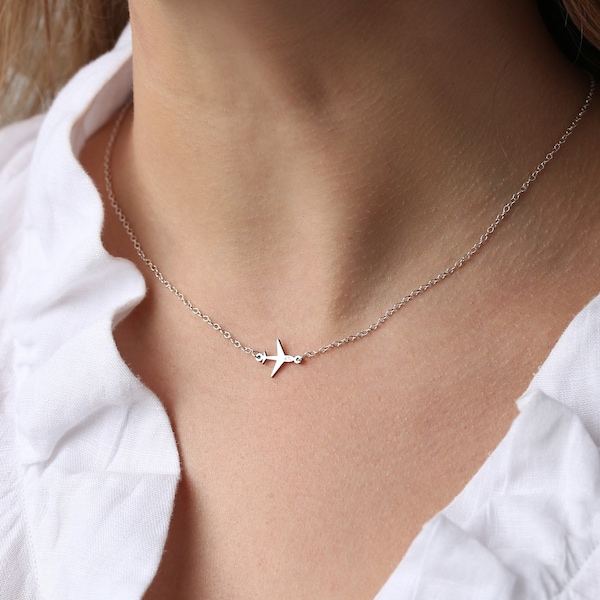 Silver Airplane Necklace · Flight Attendant Gift for Her · Wanderlust Travel Jewelry · Engraved Plane Necklace · 925 Sterling Silver · Jet