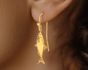 24k Gold Fill Dangly Fish Earrings · Sardine Earrings · Fishing Gift for Her · Nautical Jewelry · Fish Charm · 925 / Rose Gold