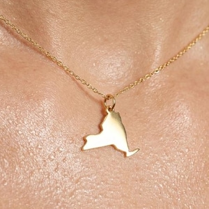 Op de afbeelding: Een goudkleurige ketting met een fijne schakelketting en een hanger in de vorm van de omtrek van de staat New York. De hanger heeft een glad, gepolijst oppervlak dat licht reflecteert en hangt aan een dunne, eenvoudige schakelketting.