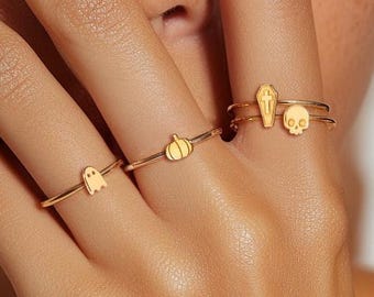 24k Gold Filled Halloween Stacking Rings: Ghost, Pumpkin, Skull