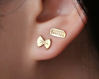 Girl Dinner Butter Pasta Earring Set · Two Pairs! · 24k Gold Filled! · Stick O' Butter & Bowtie Pasta Earrings · Funny Gift for Her