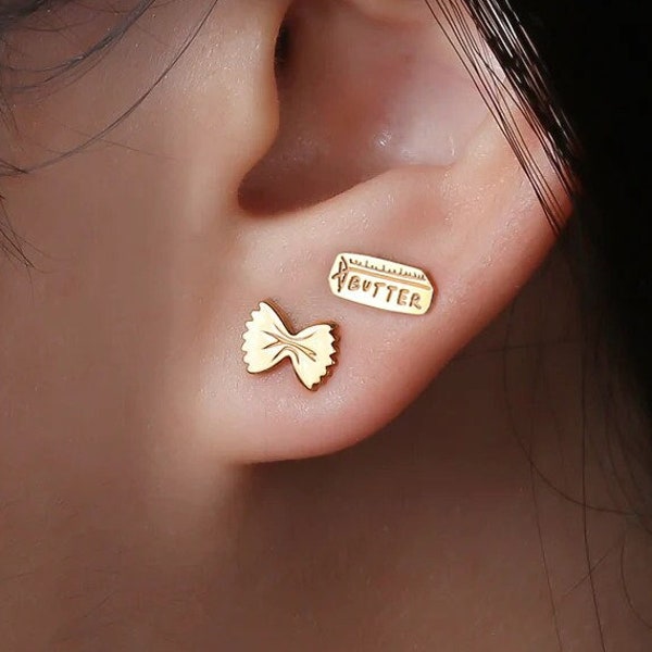 Girl Dinner Butter Pasta Earring Set · Two Pairs! · 24k Gold Filled! · Stick O' Butter & Bowtie Pasta Earrings · Funny Gift for Her