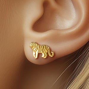 24k Gold Filled Tiger Stud Earrings: Dainty Bengal Cat Jewelry