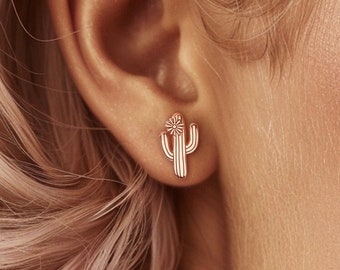 Rose Gold Fill Cactus Earrings with Flower · Desert Style Jewelry · Dainty Cactus Studs · Western Summer Jewelry · Burning Man · 925 Silver