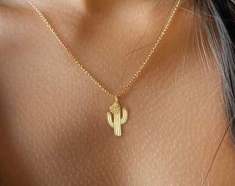 24k Gold Fill Cactus Necklace with Flower · Desert Style Jewelry · Dainty Cactus Pendant · Western Summer Jewelry · Burning Man · 925 Silver