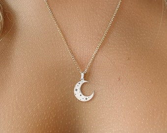 925 Silver Crescent Moon Necklace · Moon Star Pendant · Celestial Gift · Witchy Jewelry · Silver Eclipse Jewelry · 24k Gold Fill/Rose Gold