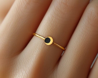 24k Gold Filled Dainty Eclipse Ring · Celestial Gift · Dainty Sun and Moon Ring · Black and Gold Eclipse Stacking Ring · Pair · 925 Silver