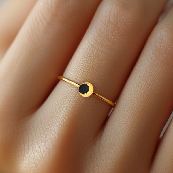 24k Gold Filled Dainty Eclipse Ring · Celestial Gift · Dainty Sun and Moon Ring · Black and Gold Eclipse Stacking Ring · Pair · 925 Silver