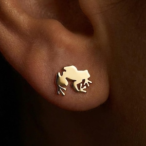 May include: A pair of gold-coloured frog-shaped stud earrings. The earrings are small and detailed, with the frog's features clearly visible. The earrings are worn on an ear, with the background out of focus.