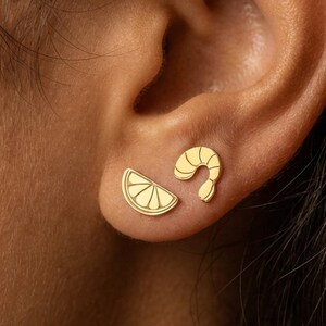 24k Gold Fill Shrimp & Lemon Stud Earrings: Quirky Food Jewelry