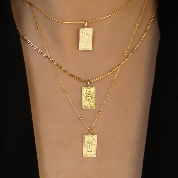 24k Gold Filled Tarot Card Pendant Necklace • Gold Medallion Necklace · Gothic Jewelry • Personalized Gifts • Optional Custom Engraving