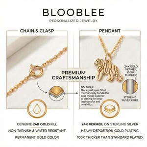 The image is a detailed comparison of two personalized jewelry pieces: a chain and a pendant. It highlights the differences between the two, such as the 24K gold fill, 24K vermeil on sterling silver, and the thickness of the gold fill. The image also provides information about the craftsmanship, including the premium craftsmanship, gold fill, non-tarnish and water resistant, permanent gold color, and heavy deposition gold plating.