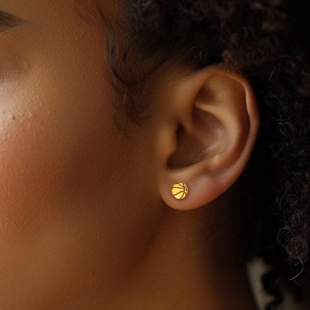 24k Gold Fill Dainty Basketball Earrings · March Madness Game Day Sports Earrings · Basketball Mom Gift · Minimalist Gold Studs · 925 Silver