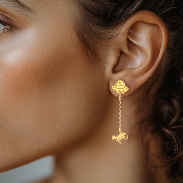 24k Gold Filled Cow Abduction Earrings: Alien UFO Jewelry