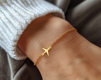 24k Gold Filled Dainty Airplane Bracelet · Travel Inspired Jewelry · Plane Jet Aviation Gift for Air Force / Navy / Cabin Crew · 925 Silver