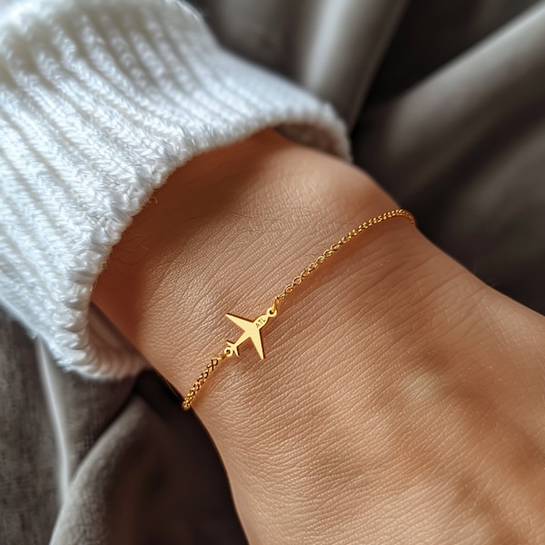 24k Gold Filled Dainty Airplane Bracelet · Travel Inspired Jewelry · Plane Jet Aviation Gift for Air Force / Navy / Cabin Crew · 925 Silver