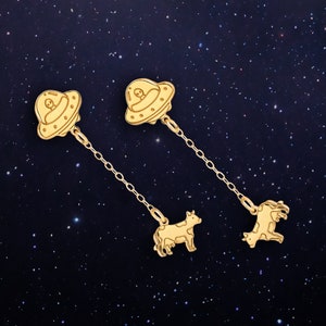 24k Gold Filled Cow Abduction UFO Earrings • Alien Jewelry • Cool Weird Novelty Earrings • Outer Space Jewelry · Pair • Rose Gold 925 Silver