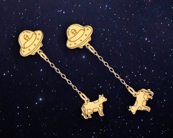 24k Gold Filled Cow Abduction UFO Earrings • Alien Jewelry • Cool Weird Novelty Earrings • Outer Space Jewelry · Pair • Rose Gold 925 Silver