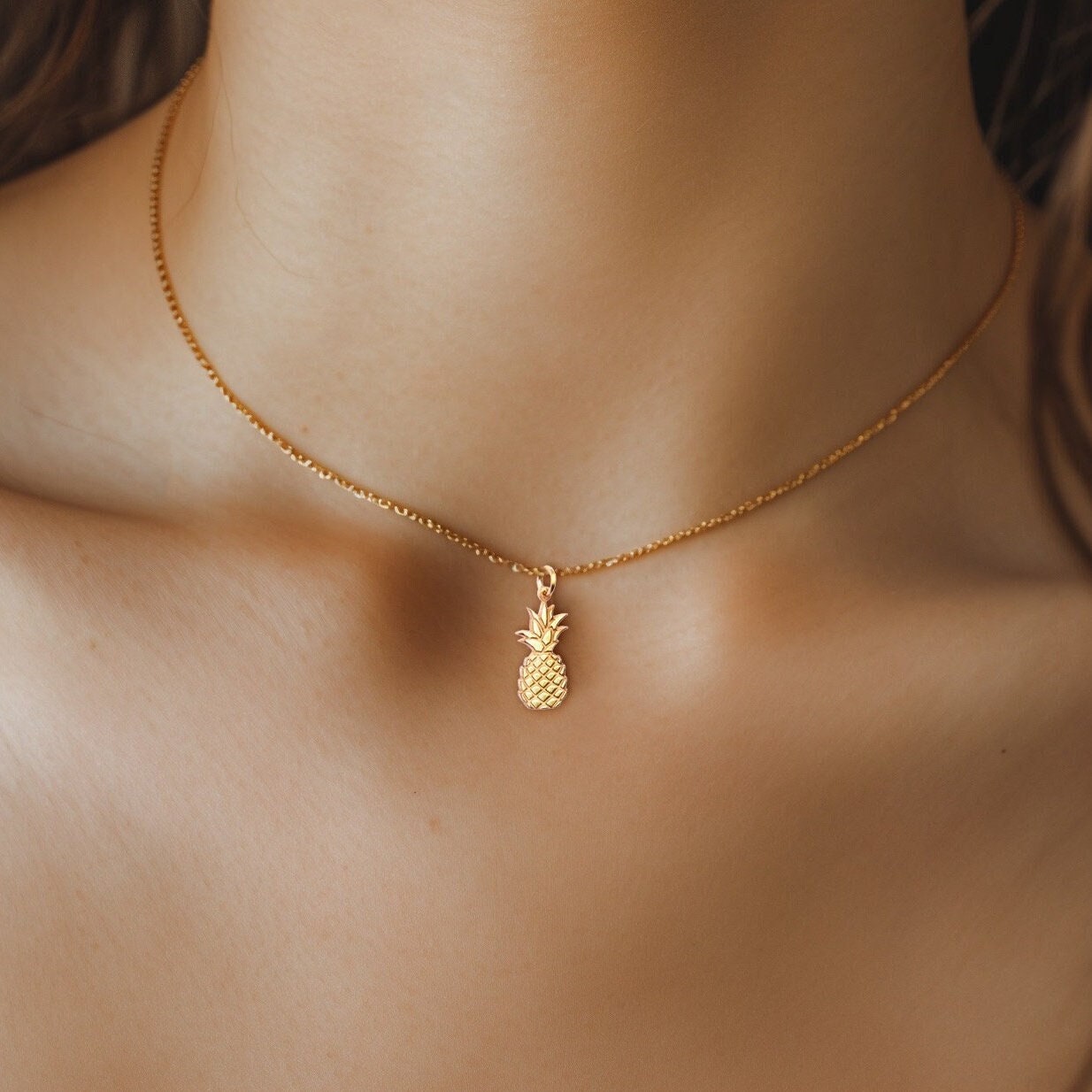 24k Gold Filled Pineapple Necklace · Cute Fruit Jewelry · Dainty Gold Fill Pendant · Food Necklace · Birthday Gift for Her · 925 Silver/Rose