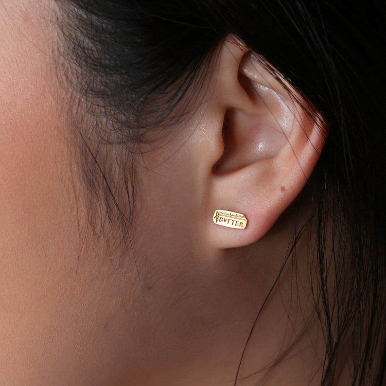 24k Gold Filled Stick O' Butter Earrings Dainty Stud Earrings Gift for Her Funny White Elephant Gift Baker Chef Pair 925 Silver image 1