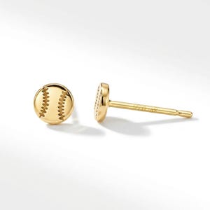 Gold baseball earrings shown front and side on white, revealing the stamped stud post