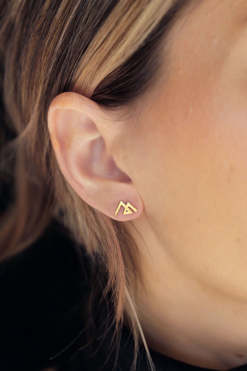 24k Gold Fill Geometric Mountain Earrings Dainty Travel Jewelry Ski Snowboard Gift for Her Wanderlust Winter Jewelry Minimal Studs image 1