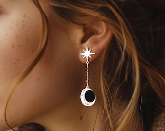 Pendientes de estrella y luna de plata de ley: Joyería del eclipse celestial