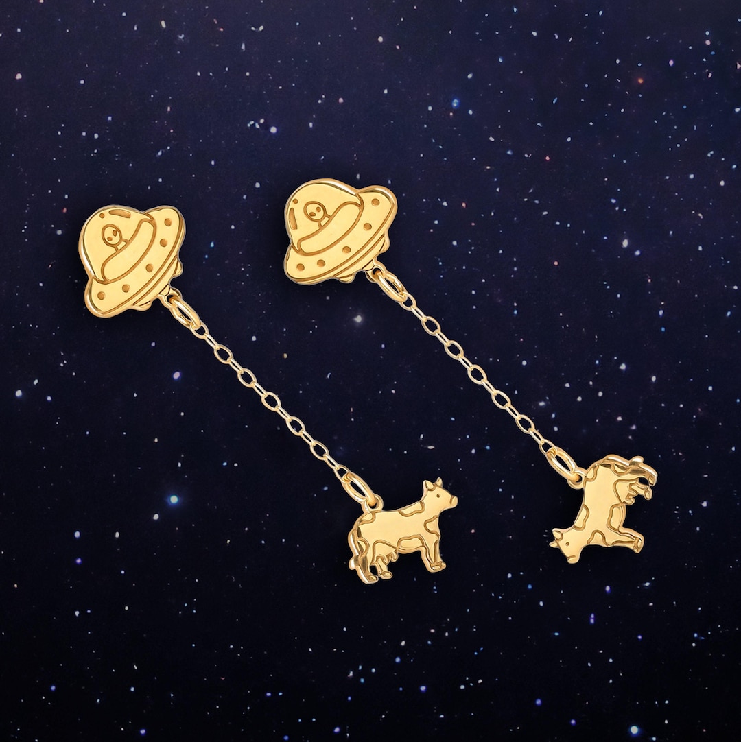24k Gold Filled Alien Abduction Earrings: Quirky Space Jewelry - Etsy Japan