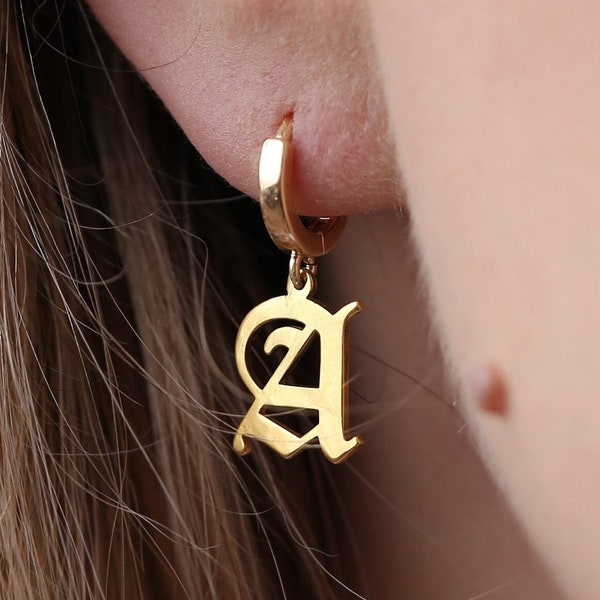 24k Gold Fill Initial Huggie Earrings · Personalized Gothic Name Earrings · Alphabet Hoop Custom Letter Earrings · 925 Silver / Rose Gold