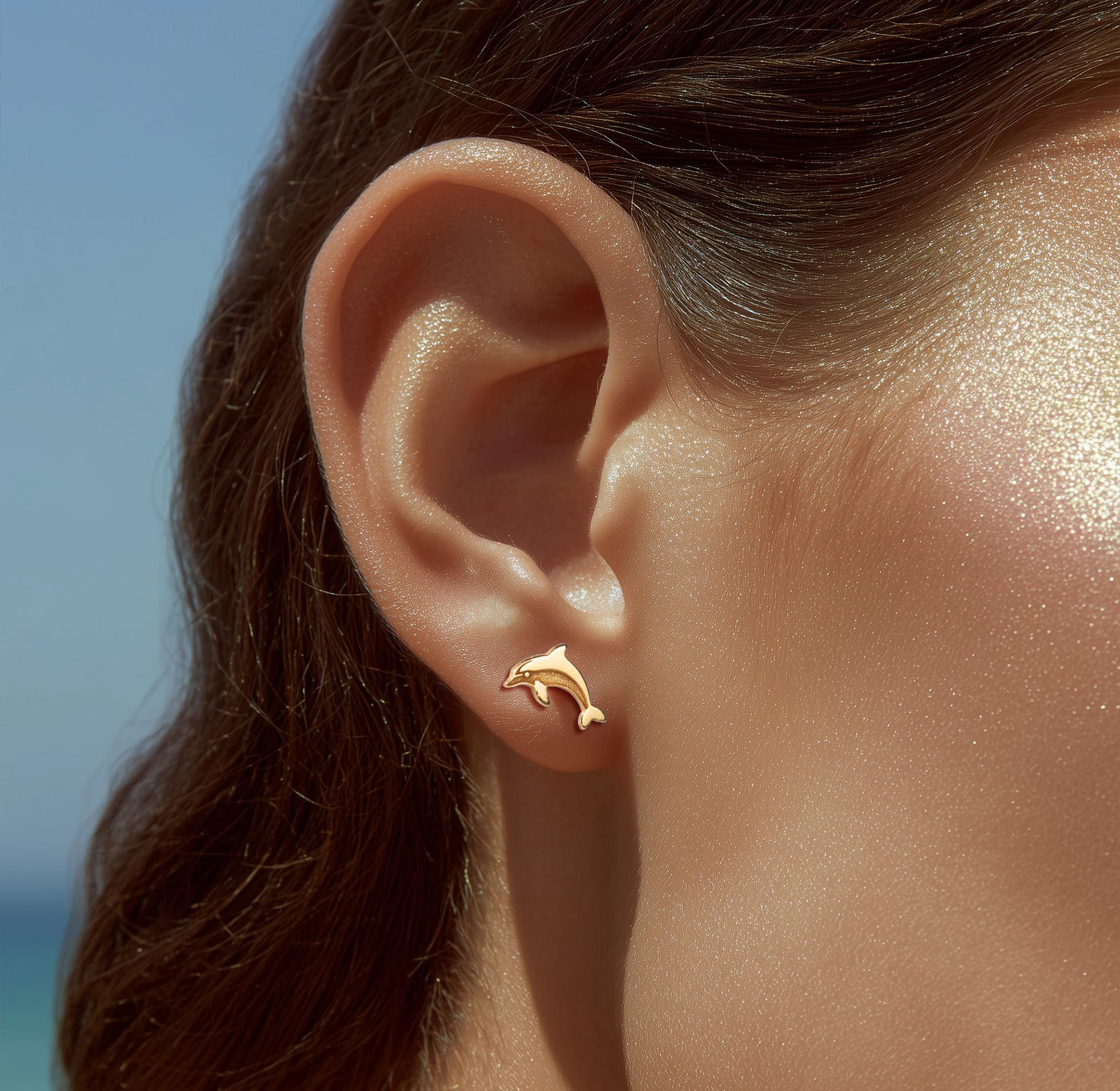 24k Gold Dipped Sterling Silver Dolphin Stud Earrings: Tropical