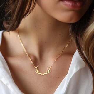 Collana Donna Con Corna Di Cervo In Argento 925 Placcato Oro 18k E Diamante Coltivato 1/14 Ct - Gioiello ORIDIO, Regalo Per Moglie O Mamma