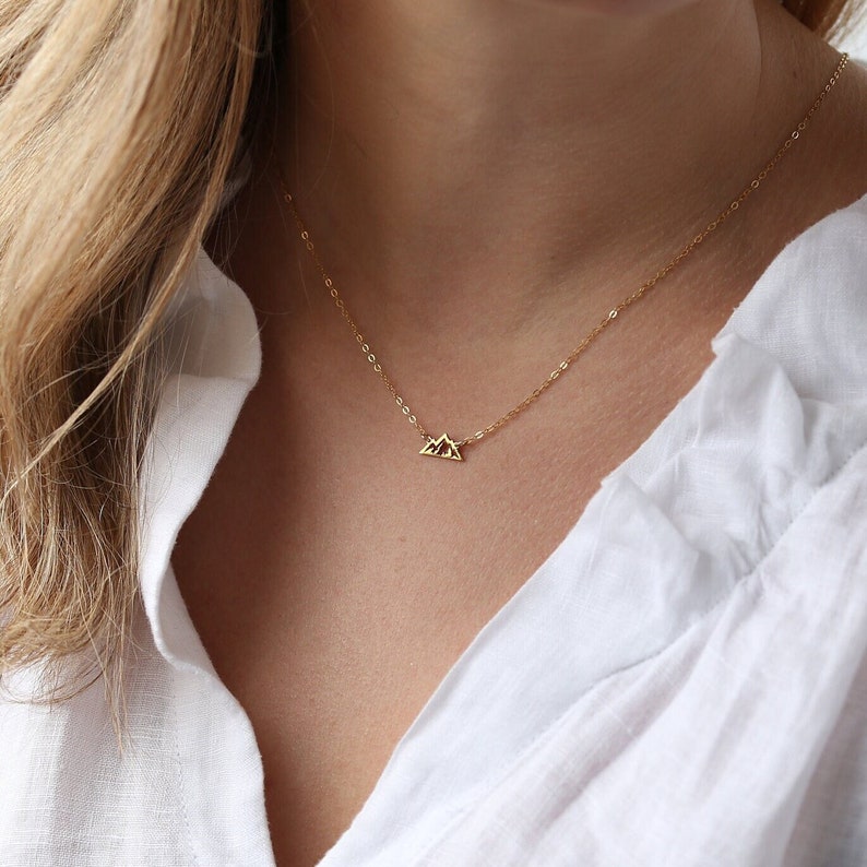 24k Gold Filled Mountain Necklace Nature Travel Jewelry Minimalist Dainty Charm Necklace Wanderlust Winter Jewelry Snowboard Gift image 1