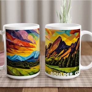 BOULDER FLATIRONS MUG, 15oz Ceramic, Colorado, Cubist, Colorful, Coffee Lover, Tea, Artistic, Christmas Gift, Birthday, University, Unique