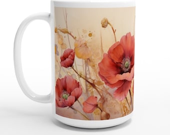 WATERCOLOR POPPIES 1 weiße 15 Unzen Keramiktasse, Mohnblume, Cottagecore, Gelassenheit, Kaffee, Tee, Blumen, Gärtner, künstlerisch, stilvoll, Geschenk für Mamma