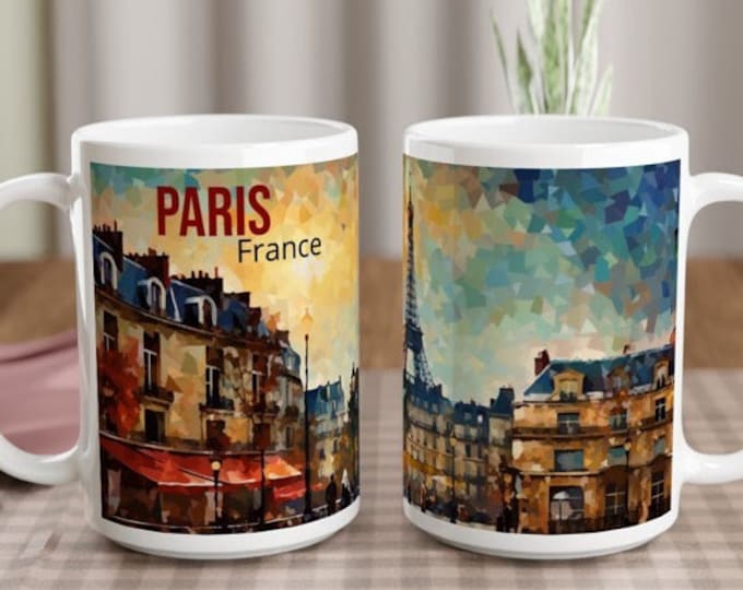 PARISIAN ELEGANCE White 15oz Ceramic Mug, Paris, France, Coffee, Tea, Travel, Europe, Colorful, Eiffel Tower, Scenic, European, Foreign