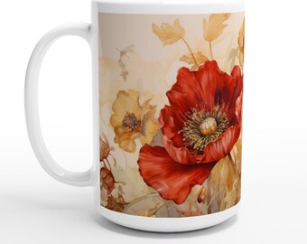 AQUARELL POPPIES 2 weiße 15 Unzen Keramiktasse, Mohnblume, Cottagecore, Gelassenheit, Kaffee, Tee, Blumen, Gärtner, künstlerisch, stilvoll, Geschenk für Mamma