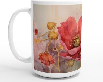 AQUARELL POPPIES 4 weiße 15 Unzen Keramiktasse, Mohnblume, Cottagecore, Gelassenheit, Kaffee, Tee, Blumen, Gärtner, künstlerisch, stilvoll, Geschenk für Mamma