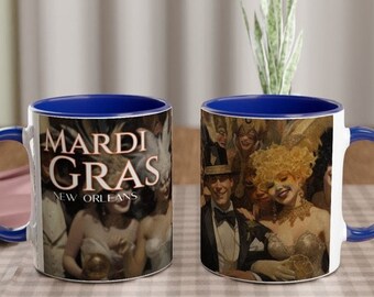 MARDI GRAS MUG, 3 Designs, New Orleans, Coffee, Tea, 11oz Ceramic Mug Color Inside, Louisiana Themed Decor, Let the Good Times Roll
