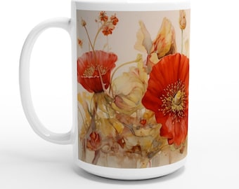 WATERCOLOR POPPIES 3 weiße 15 Unzen Keramiktasse, Mohnblume, Cottagecore, Gelassenheit, Kaffee, Tee, Blumen, Gärtner, künstlerisch, stilvoll, Geschenk für Mamma