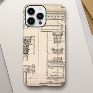 May include: A phone case with a vintage architectural blueprint design. The case shows detailed drawings of classical columns and architectural elements in beige and brown. The case is designed to fit a smartphone.