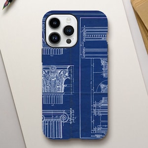 May include: A blue phone case featuring a white architectural blueprint design. The design includes columns, capitals, and other architectural details. The case has a cut-out for the camera lens.