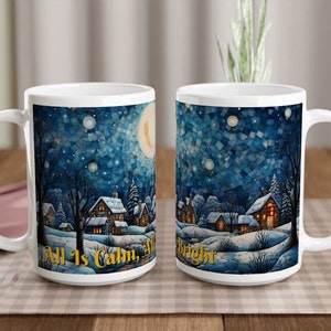 Alles ist ruhig, alles ist hell Weiß 15 Unzen Keramikbecher Weihnachten Carol Urlaub Friedliche Bunte Glasmalerei Wunderliche Kunst Stille Nacht