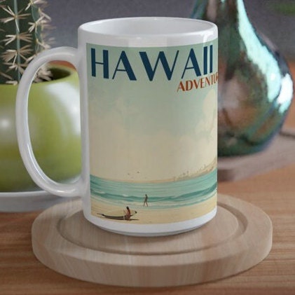 HAWAIIAN ADVENTURE, Aloha, Bauhaus Design, Earth Tone, Retro Van, Surf Scene, Beach, Ocean, Colorful, Christmas GiftWhite 15oz Ceramic Mug